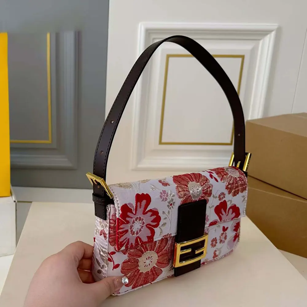 Close-up of coral bandana embroidery on Fendi Women Baguette Canvas Bag