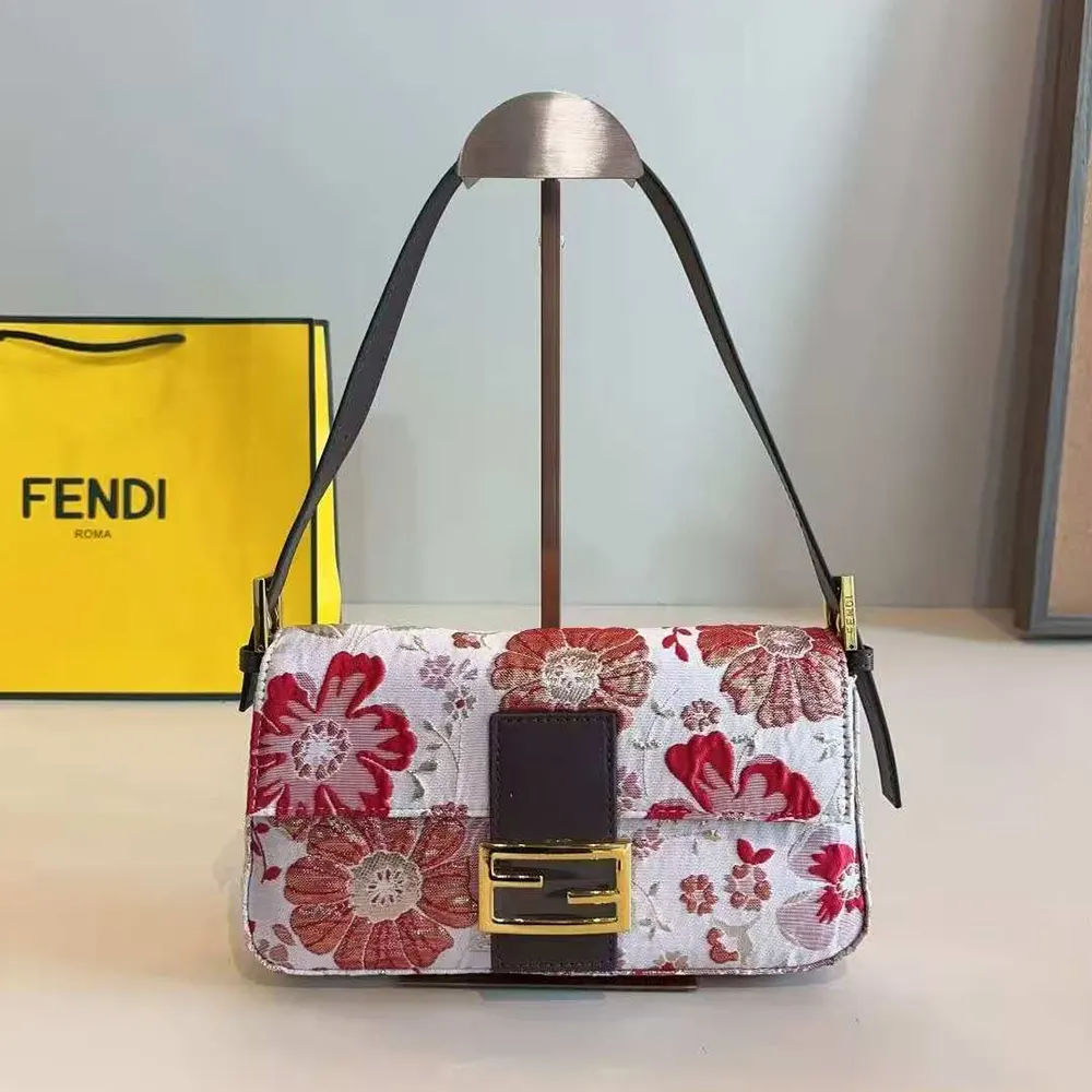 Front view of Fendi Women Baguette Canvas Bag with Coral Bandana Embroidery