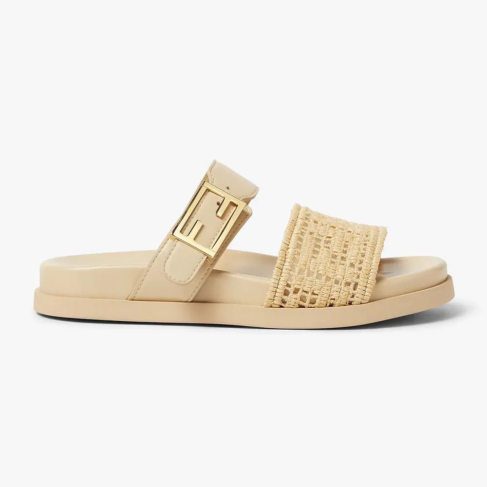 Side view of Fendi Women Feel Mesh Slides with Raffia FF Embroidery