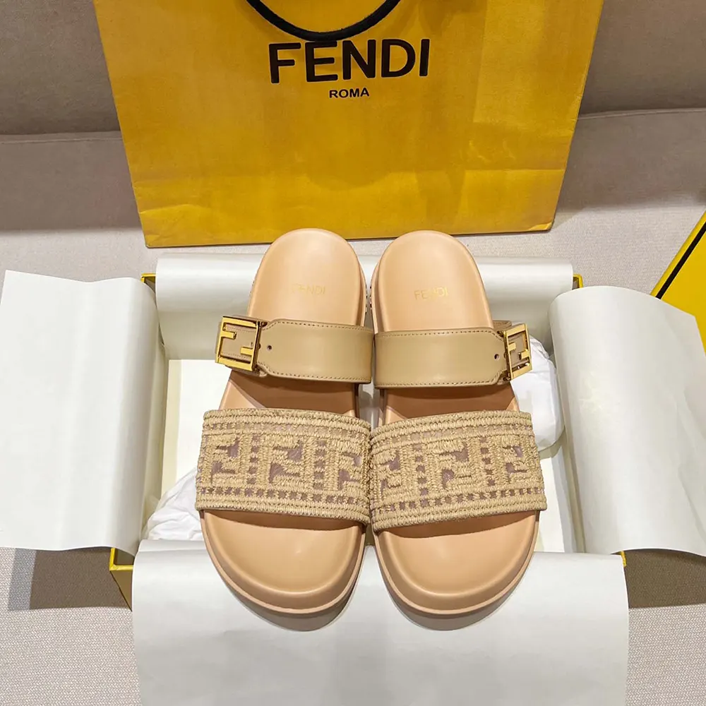 Close-up detail of raffia FF embroidery on Fendi Women Feel Mesh Slides