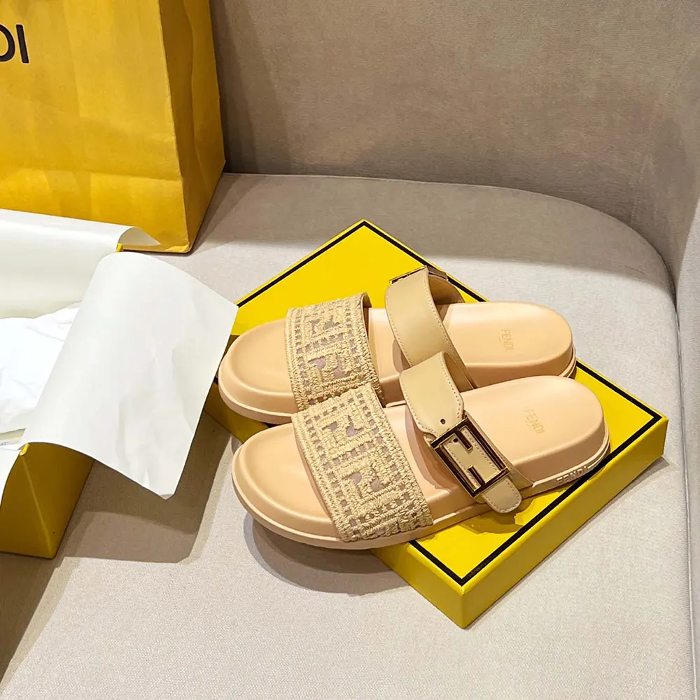 Fendi Women Feel Mesh Slides with Raffia FF Embroidery - image 4