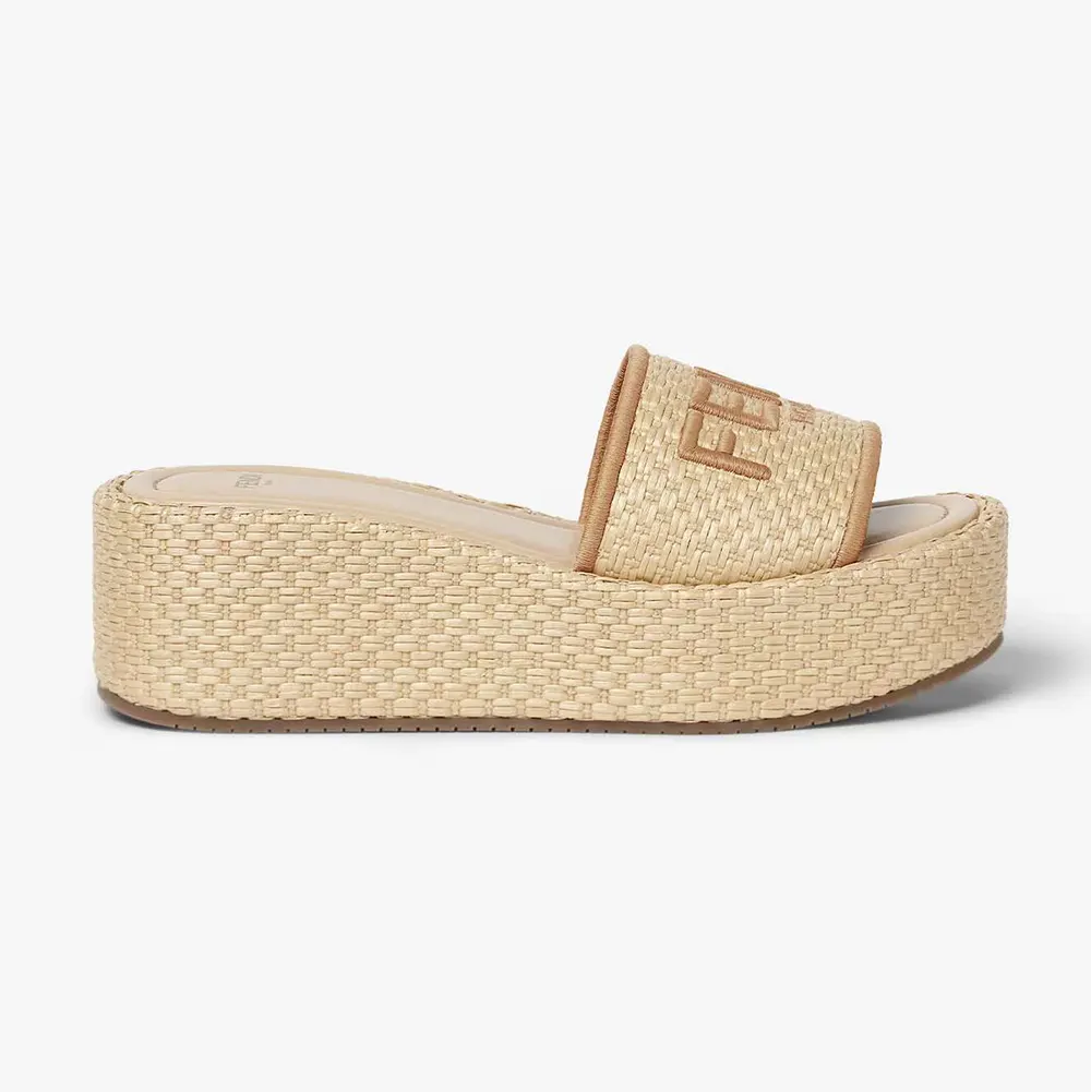 Side view of Fendi Women Fendi Sunshine Beige Raffia Flatform Slides