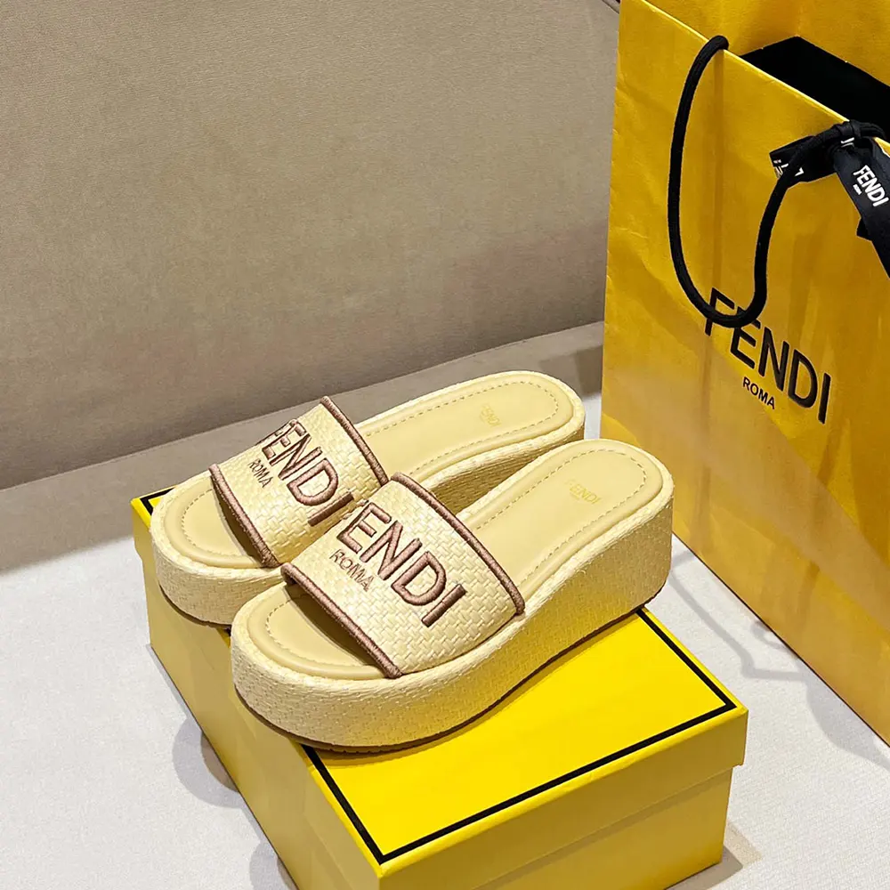 Fendi Women Fendi Sunshine Beige Raffia Flatform Slides - image 5