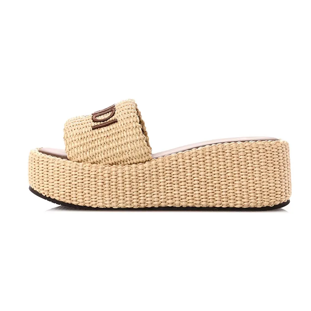 Side view of Fendi Women Fendi Sunshine Beige/Brown Raffia Flatform Slides