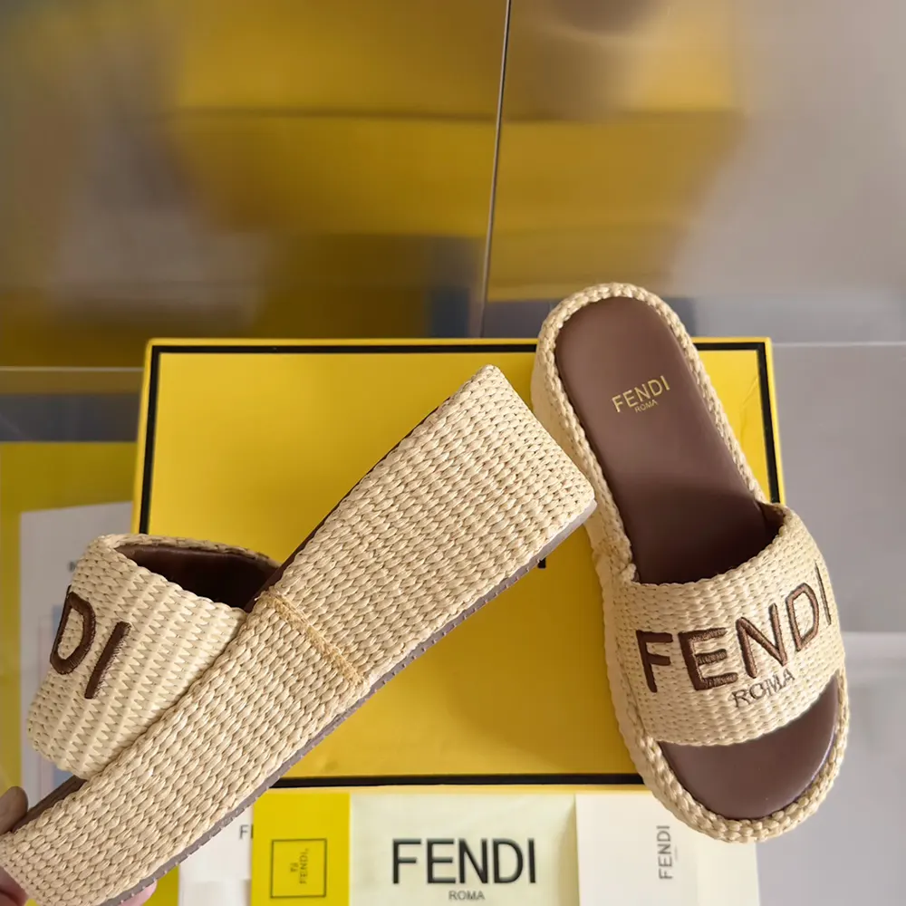 Fendi Women Fendi Sunshine Beige/Brown Raffia Flatform Slides - image 7