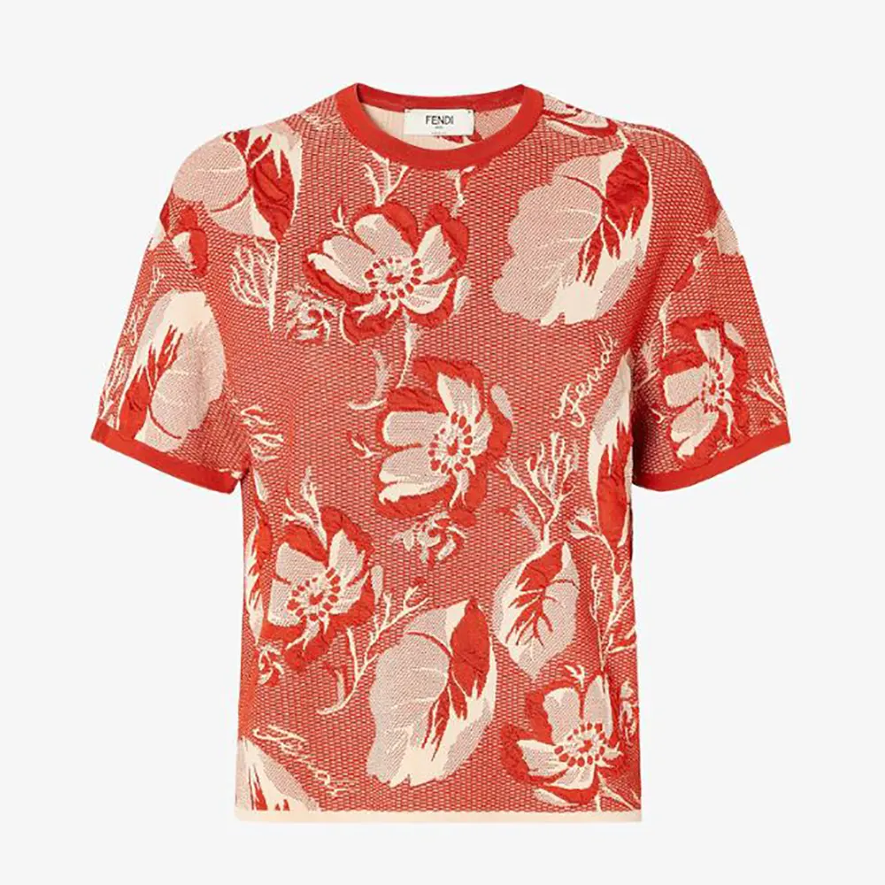 Front view of Fendi Women Red Viscose Jacquard T-shirt in vibrant red