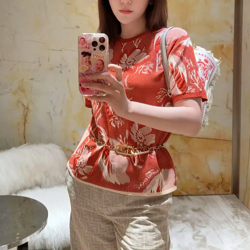 Close-up showing jacquard pattern on Fendi Women Red Viscose Jacquard T-shirt