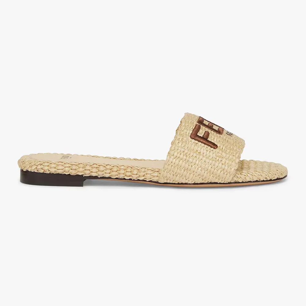 Side view of Fendi Women Signature Beige Cotton Fiber Slides showing silhouette