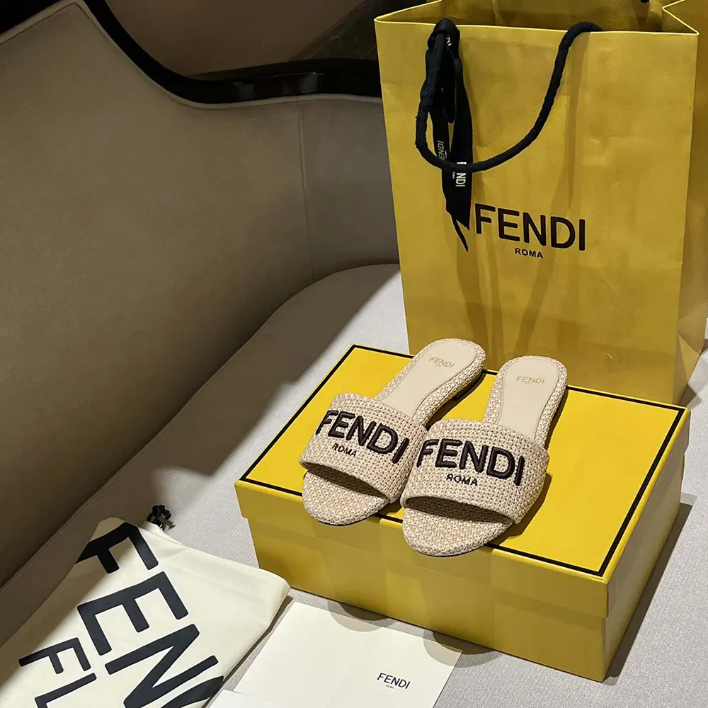 Top view of Fendi Women Signature Beige Cotton Fiber Slides highlighting open design