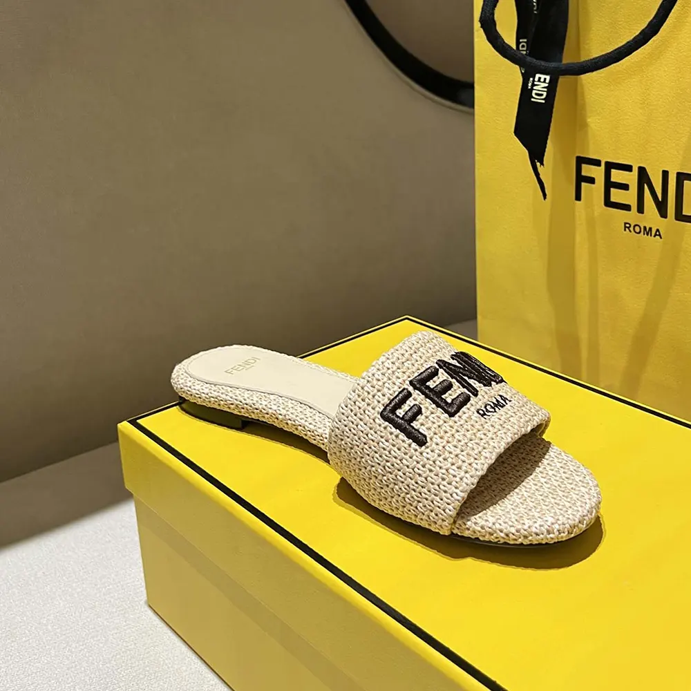 Fendi Women Signature Beige Cotton Fiber Slides - image 5
