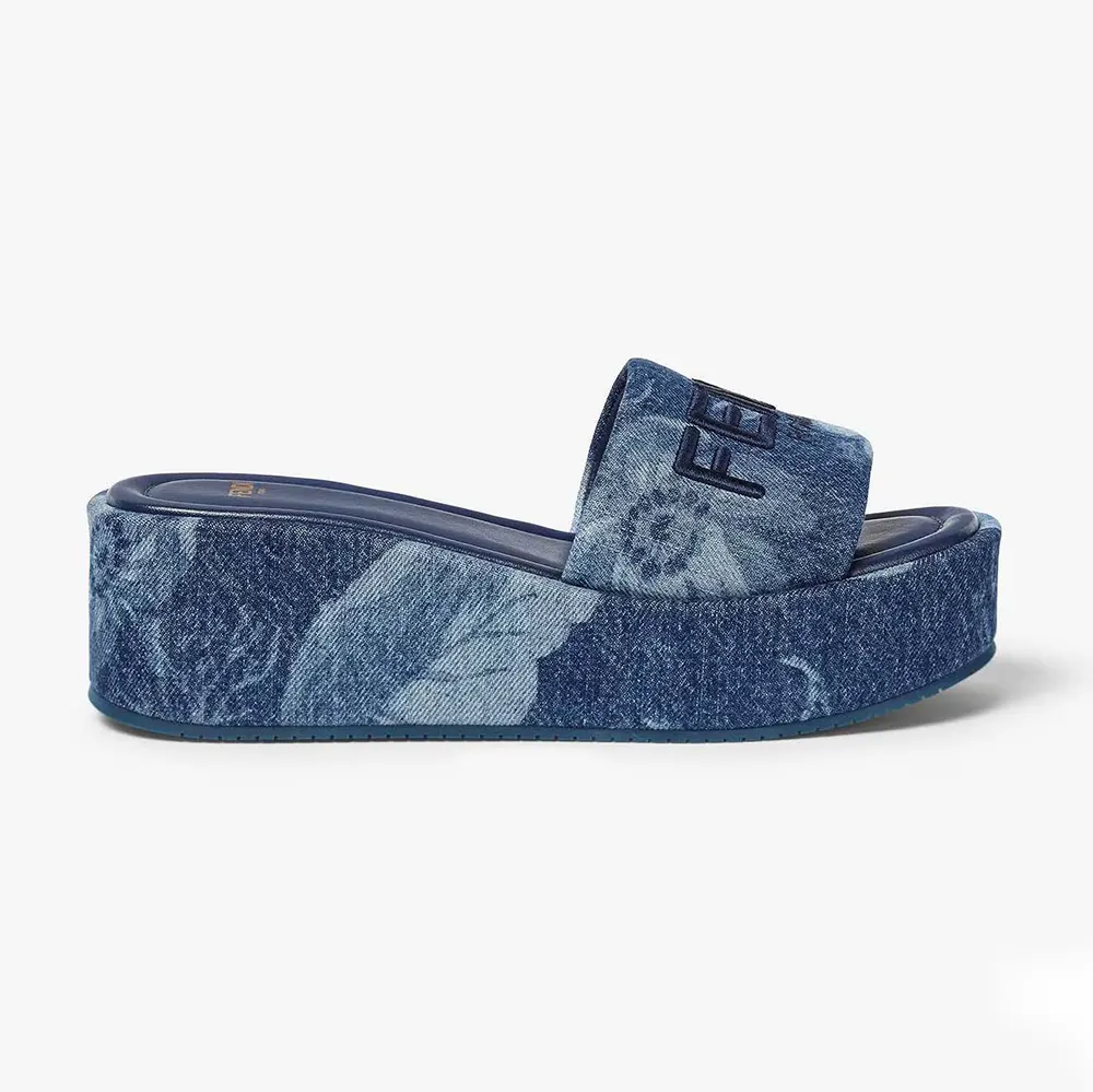 Front angled view of Fendi Women Sunshine Blue Denim Flatform Slides