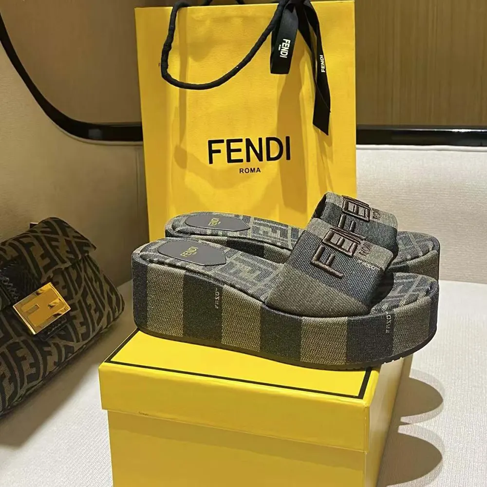 Top view showing cushioned footbed of Fendi Women Sunshine Brown Fabric Flatform Slides