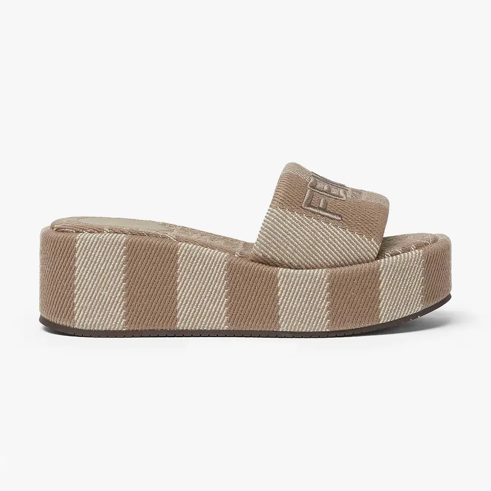 Side profile of Fendi Women Sunshine Dove Gray Denim-effect Jacquard Flatform Slides