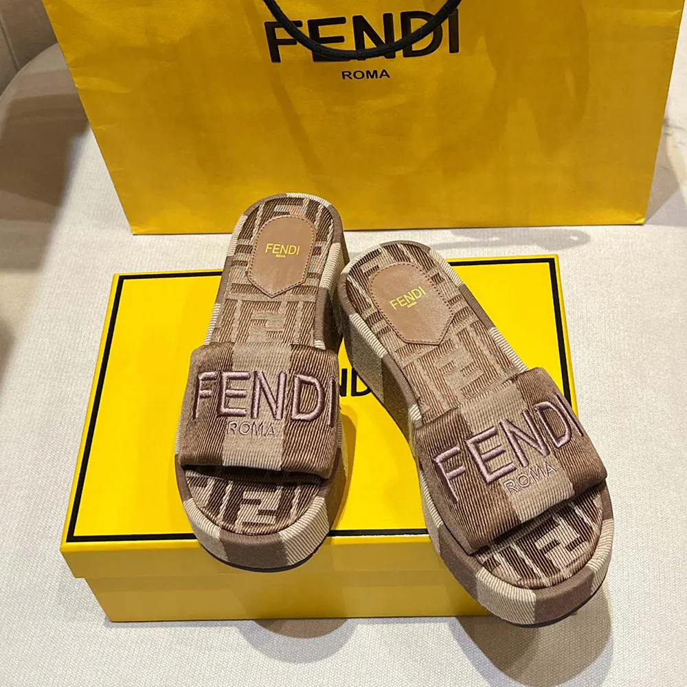 Top view showing brown slip-on design of Fendi Women Sunshine Dove Gray Slides
