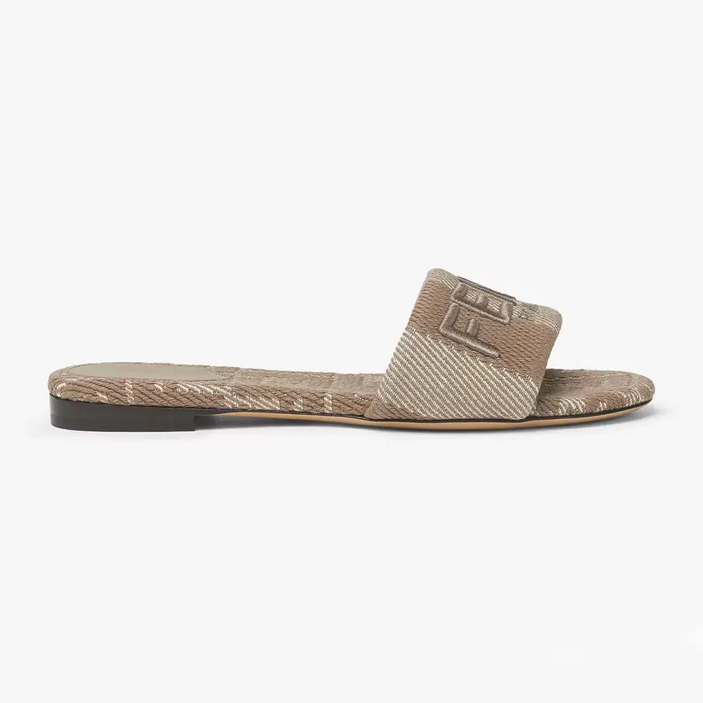 Side view of Fendi Women Sunshine Dove Gray Denim-effect Jacquard Slides