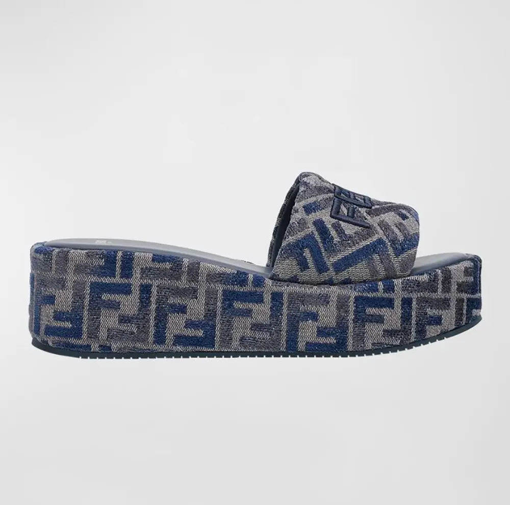 Side view of Fendi Women Sunshine FF Chenille Jacquard Platform Sandals in navy