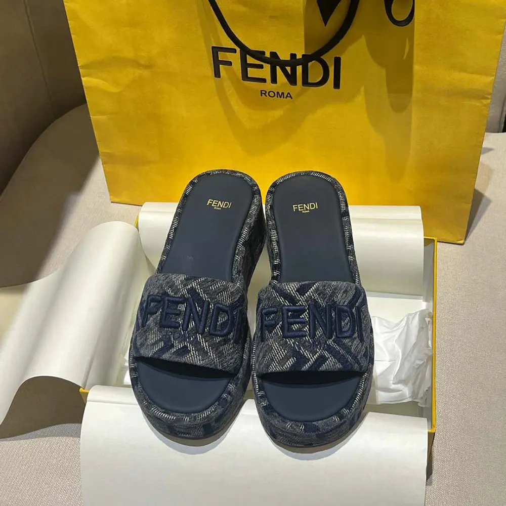 Top angle showing navy chenille jacquard texture on Fendi Women Sunshine sandals