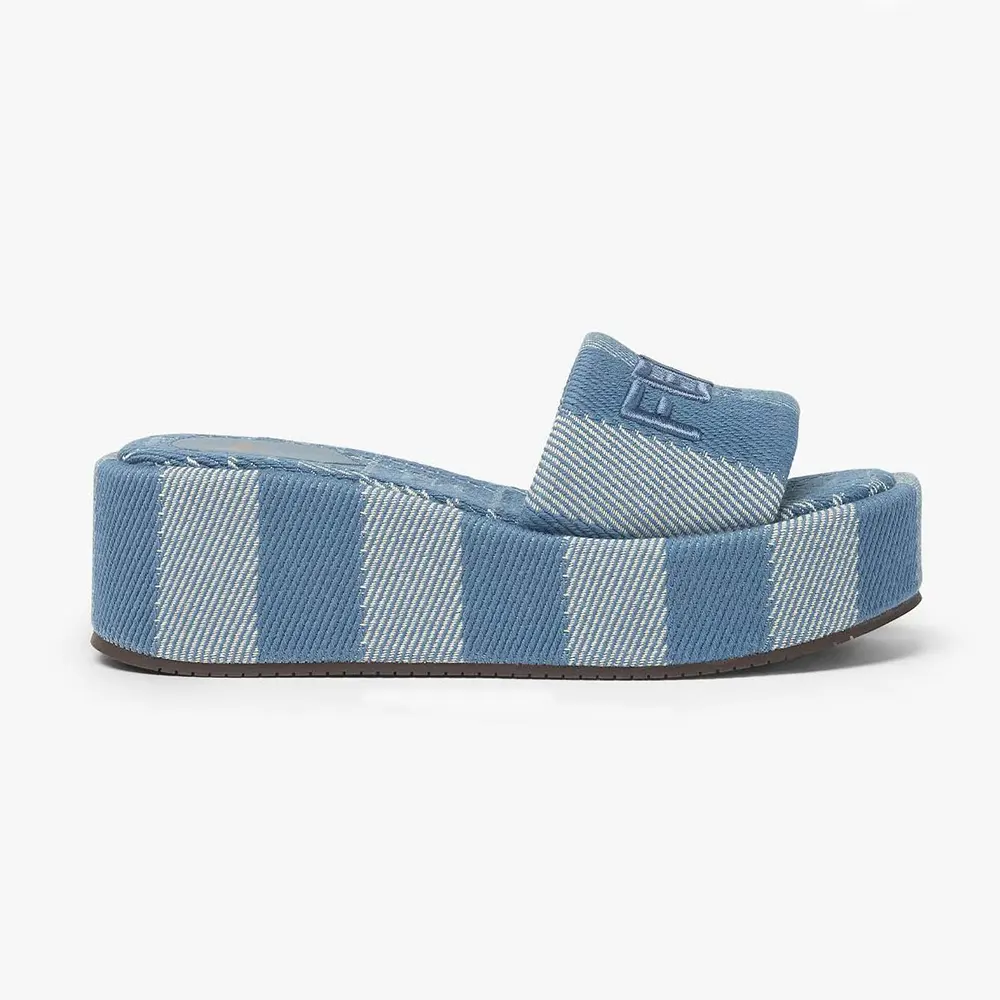 Side view of Fendi Women Sunshine Light Blue Denim-effect Jacquard Flatform Slides