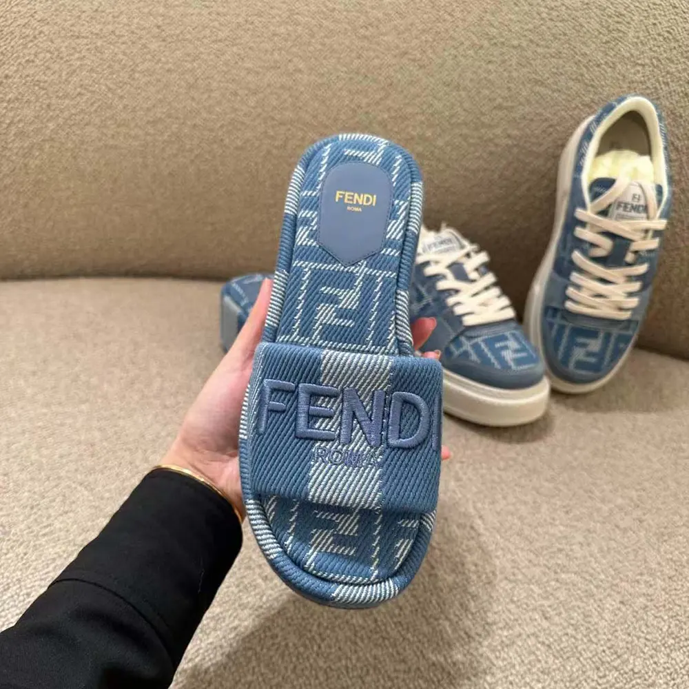 Fendi Women Sunshine Light Blue Denim-effect Jacquard Flatform Slides - image 4
