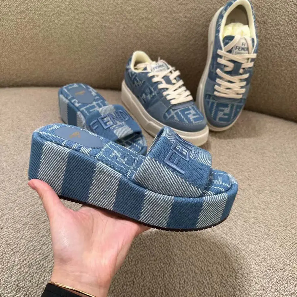Fendi Women Sunshine Light Blue Denim-effect Jacquard Flatform Slides - image 5