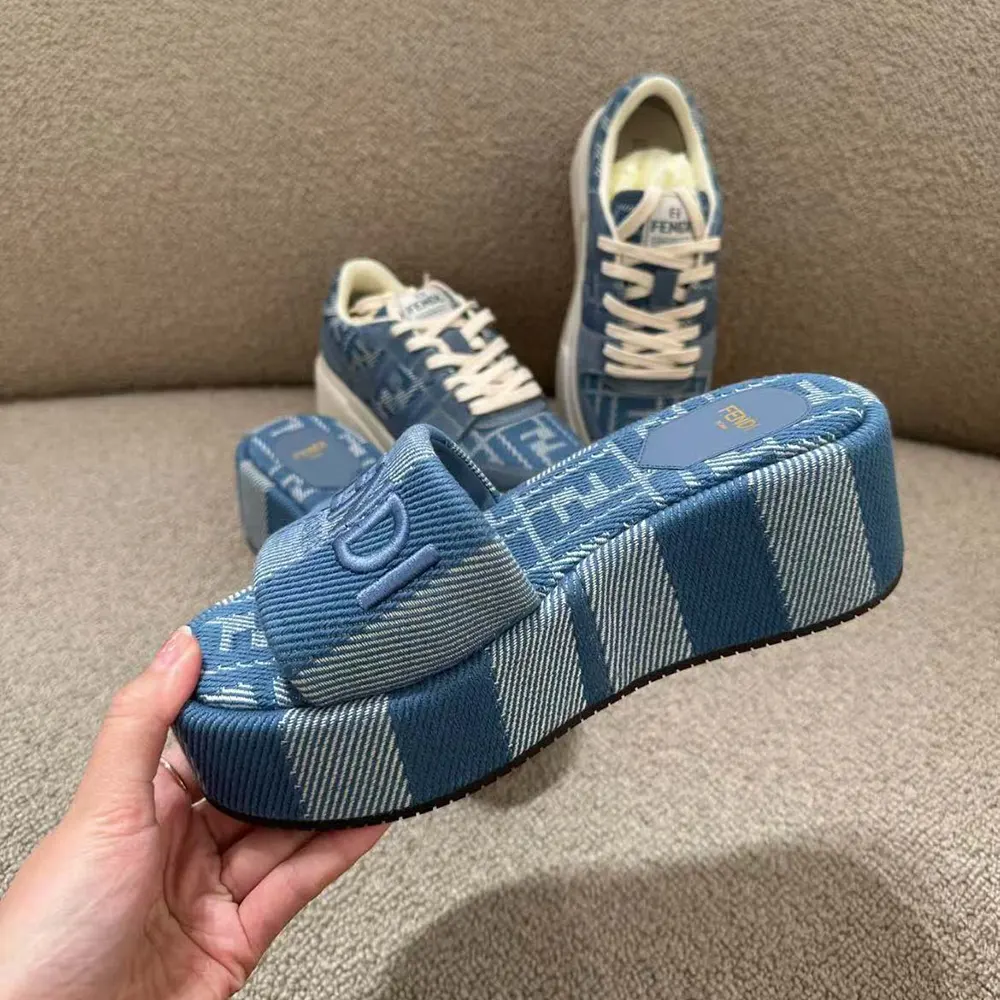 Fendi Women Sunshine Light Blue Denim-effect Jacquard Flatform Slides - image 6