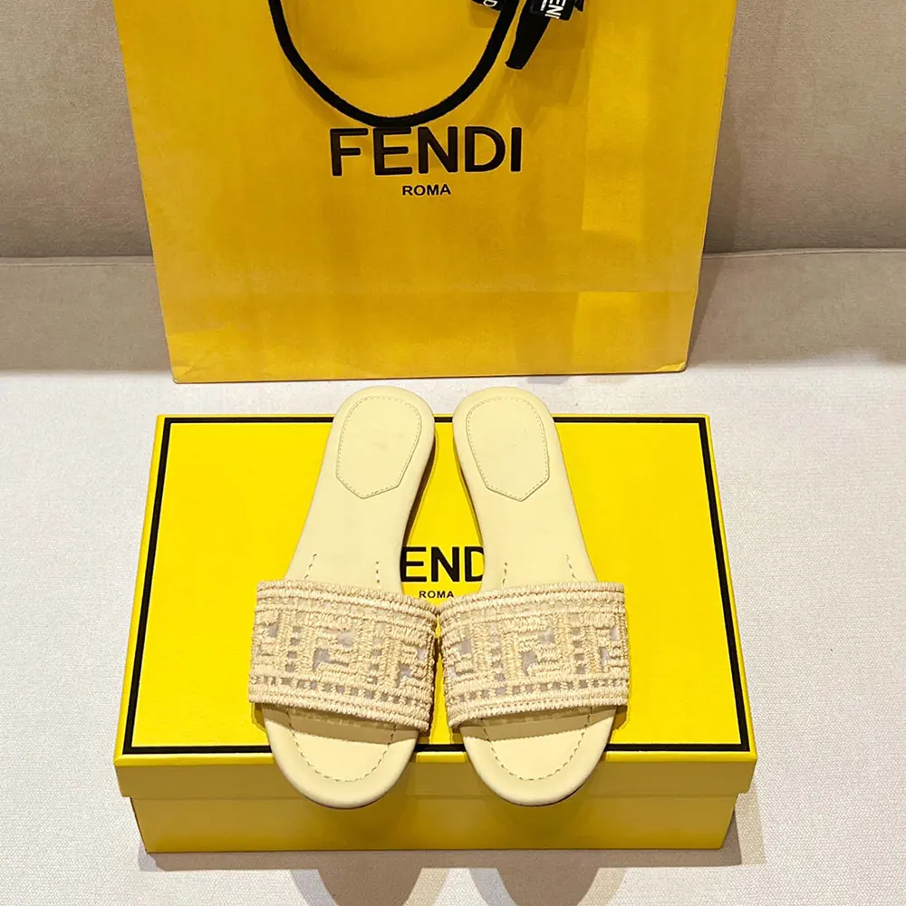 Close-up of raffia FF embroidery on Fendi Women Sunshine Mesh Slides