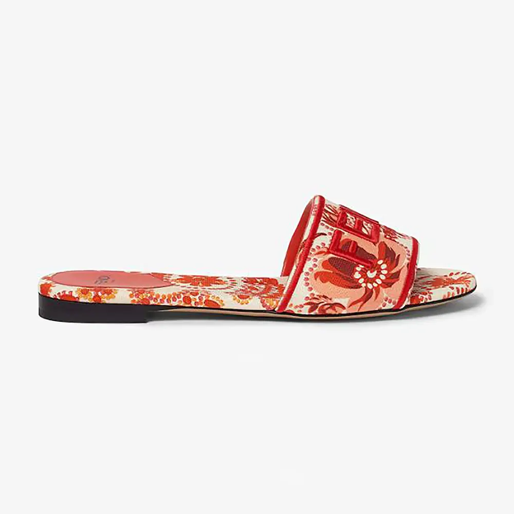 Side view of Fendi Women Sunshine Red and Camelia Canvas Slides