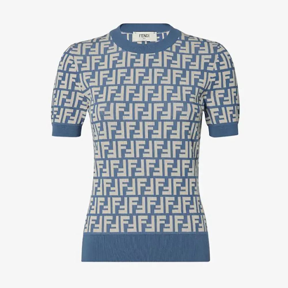 Front view of Fendi Women Sweater Blue FF Cotton Jumper with visible logo pattern