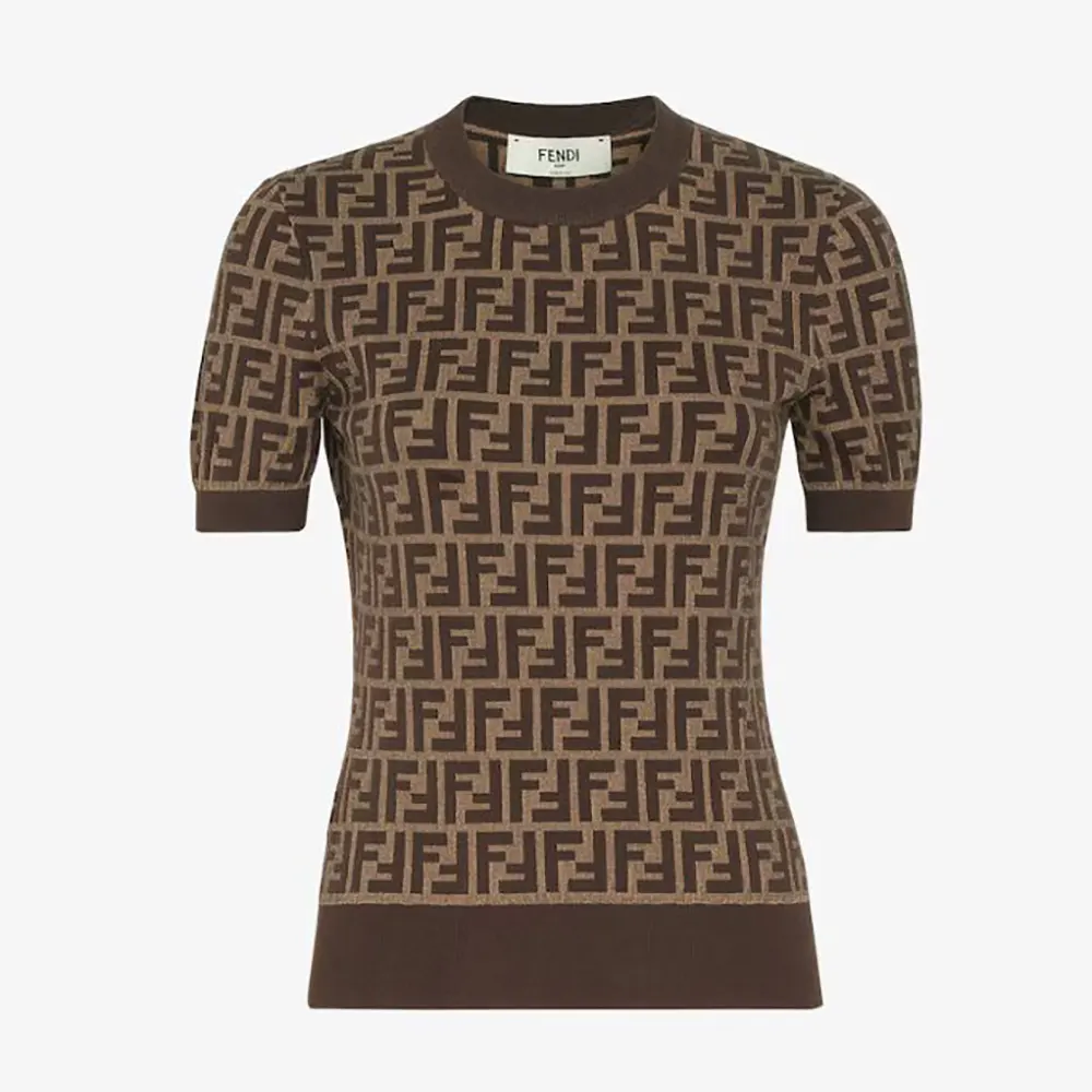 Front view of Fendi Women Sweater Brown FF Cotton showing logo pattern