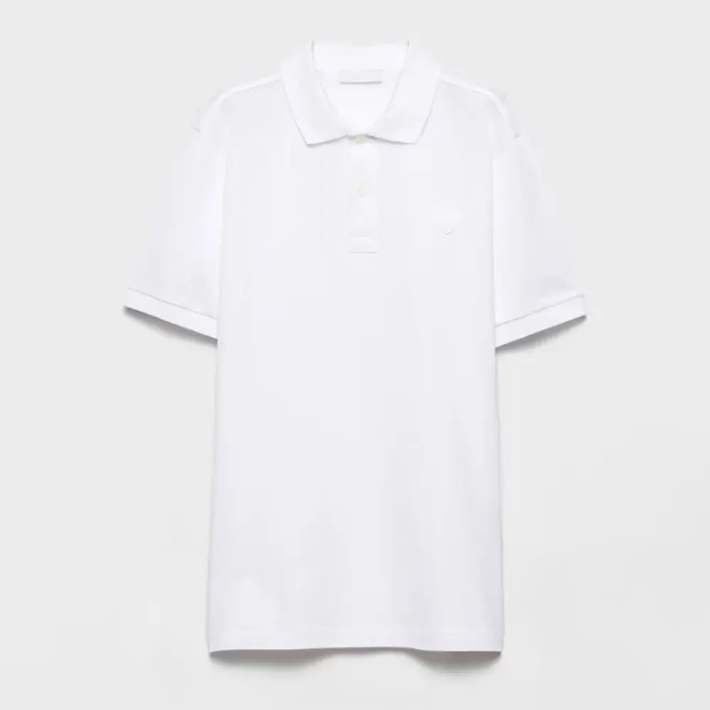 Front view of Prada Men Piqué Polo Shirt with Iconic Triangle Logo in white