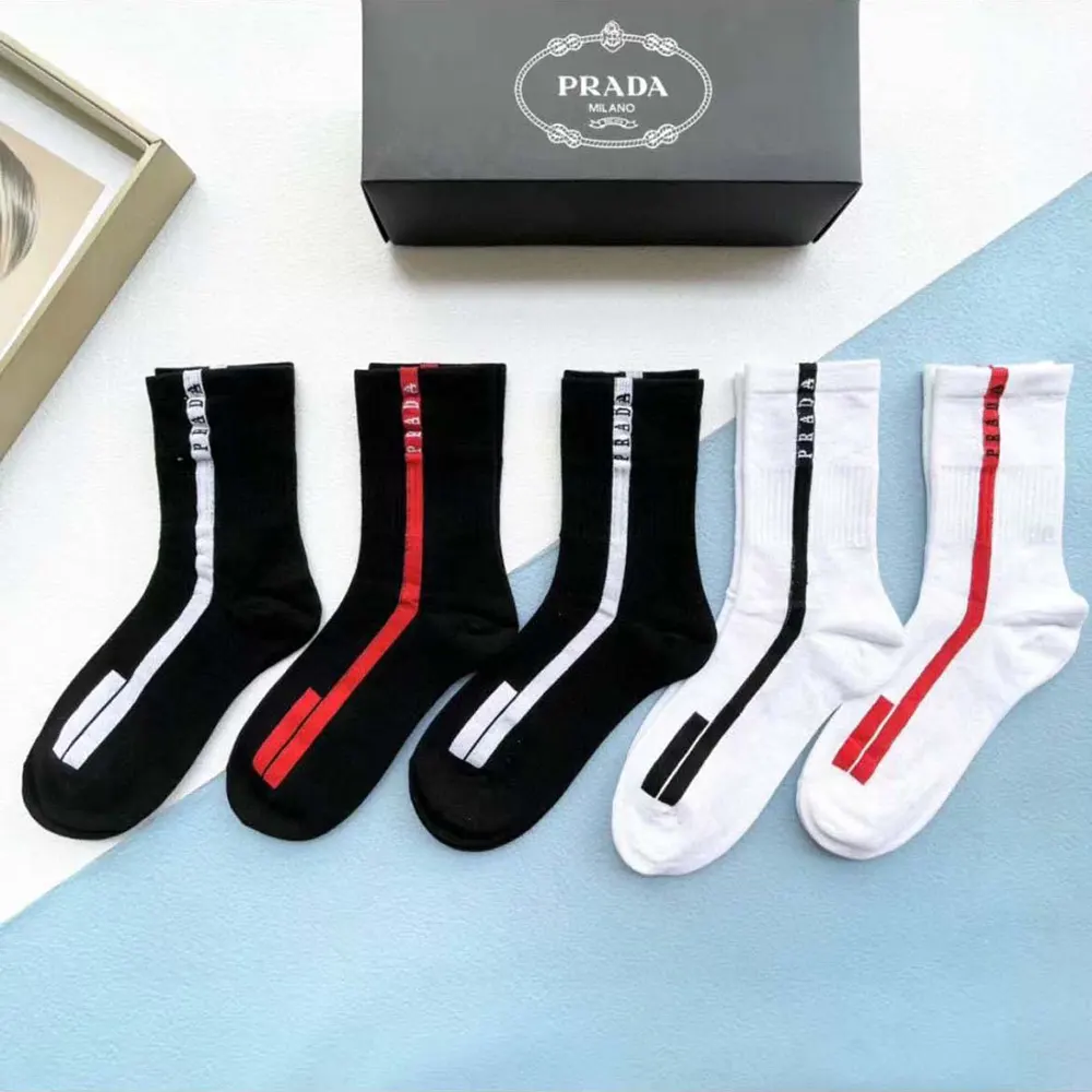 Side angle showing knit texture and Prada logo cuff detail on socks