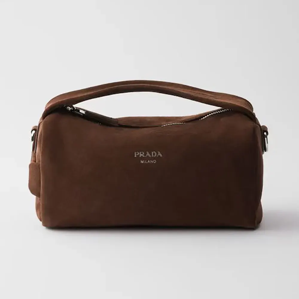Front view of Prada Unisex Suede Leather Shoulder Bag-Coffee showing gold hardware