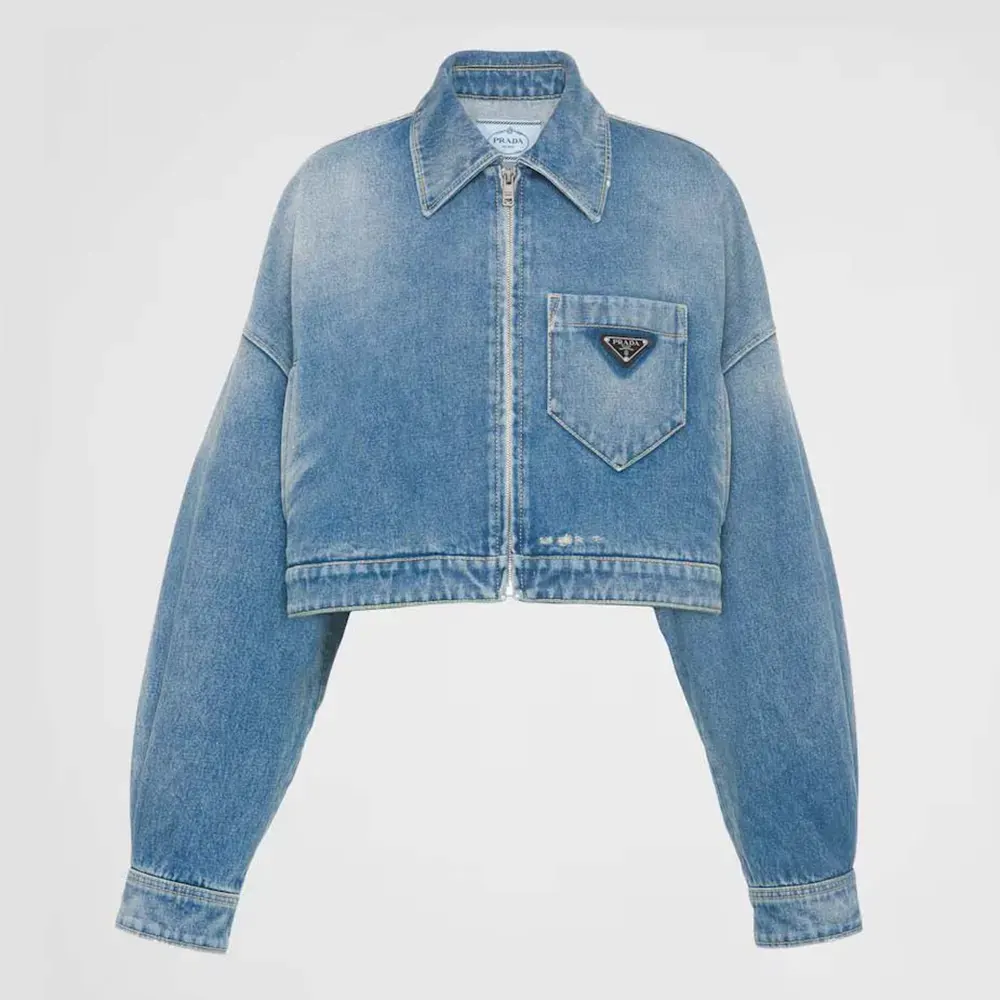 Front view of Prada Women Cropped Organic Denim Jacket in blue