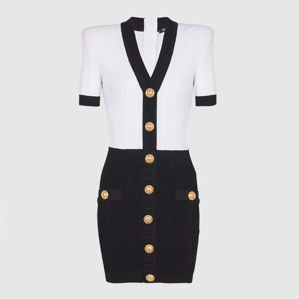 Front view of Balmain Women Two-Tone Cable-Knit Bodycon Dress in black