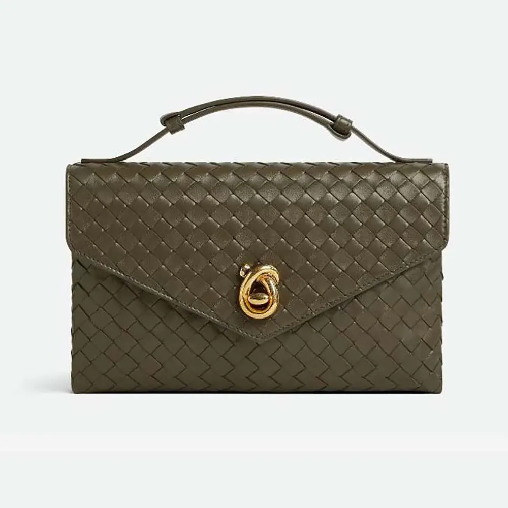 Front view of Bottega Veneta Women Knot Lock bag in dark green leather