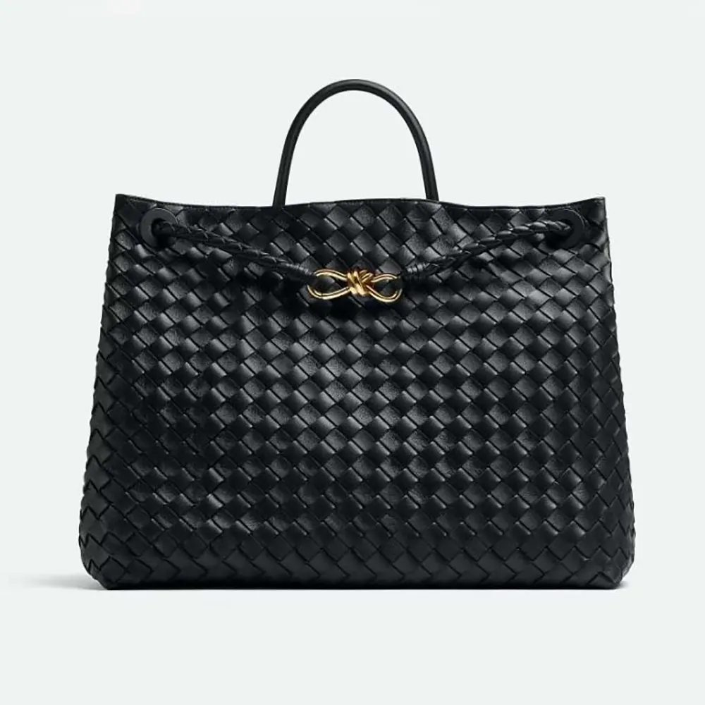 Front angle of Bottega Veneta Women Large Andiamo in Lambskin Leather-Black/Gold bag