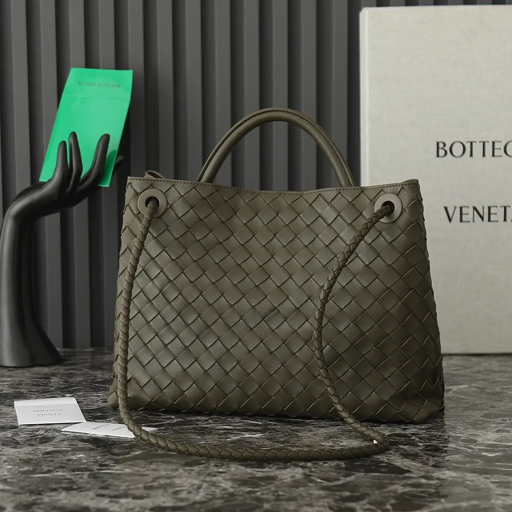 Side angle showing hardware detail on Bottega Veneta Medium Andiamo bag