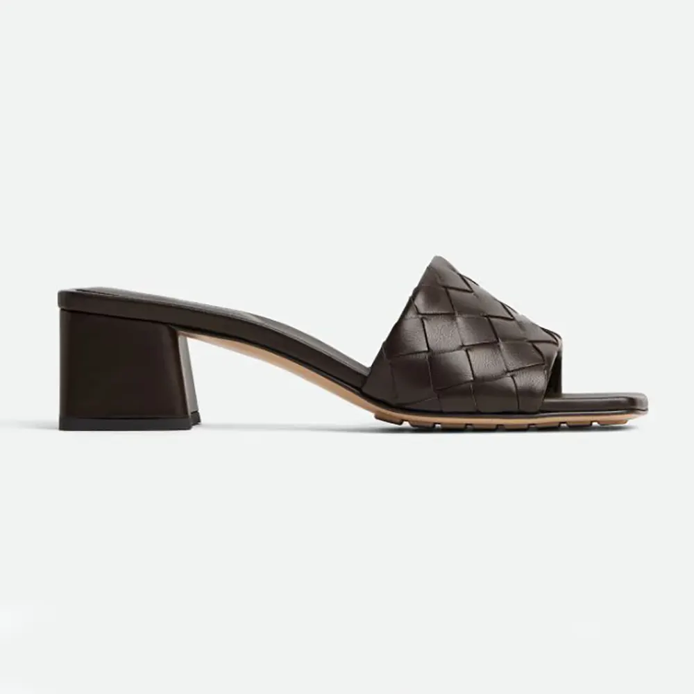 Side view of Bottega Veneta Women Parco Mule-Chocolate showing high heel