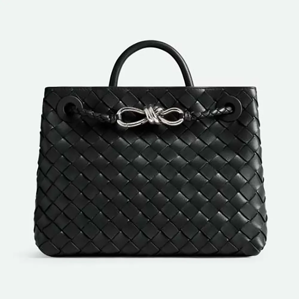 Front view of Bottega Veneta Small Andiamo Intrecciato Leather Top Handle Bag-Black/Silver