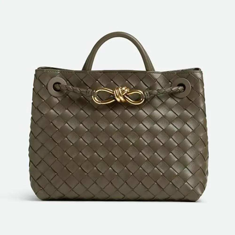 Front view of Bottega Veneta Women Small Andiamo Intrecciato Leather Top Handle Bag-Dark Green