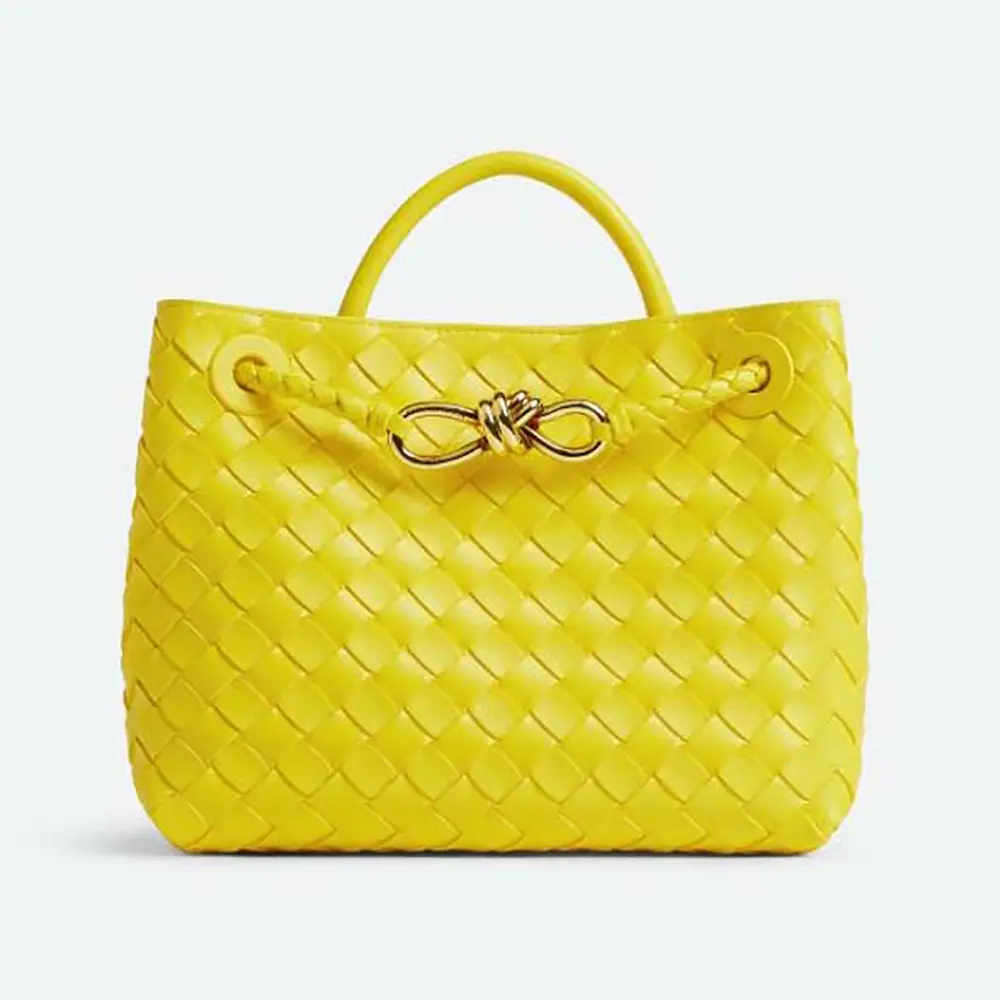 Front view of Bottega Veneta Women Small Andiamo Intrecciato Leather Top Handle Bag-Yellow