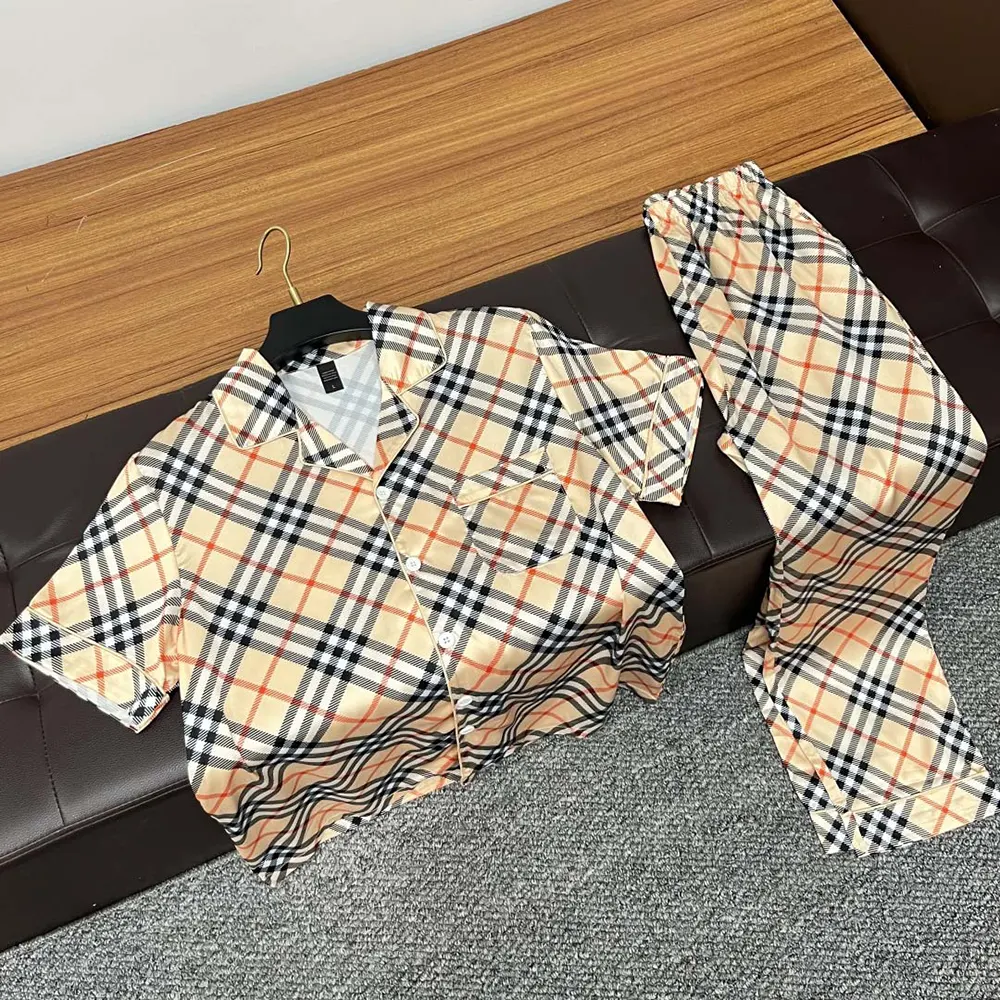 Front view of Burberry Men Check Short-Sleeved Silk Pajama Set in brown