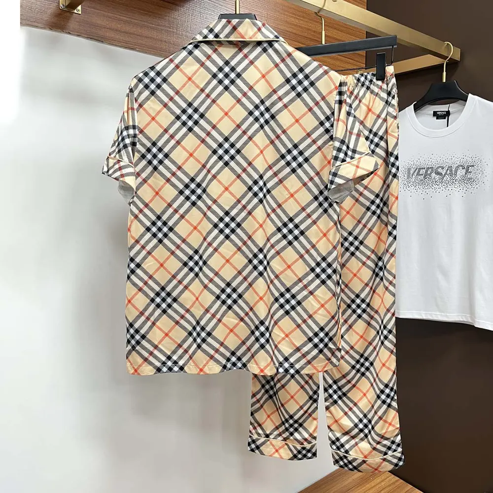Side angle showing relaxed fit of Burberry Men Check Short-Sleeved Silk Pajama Set