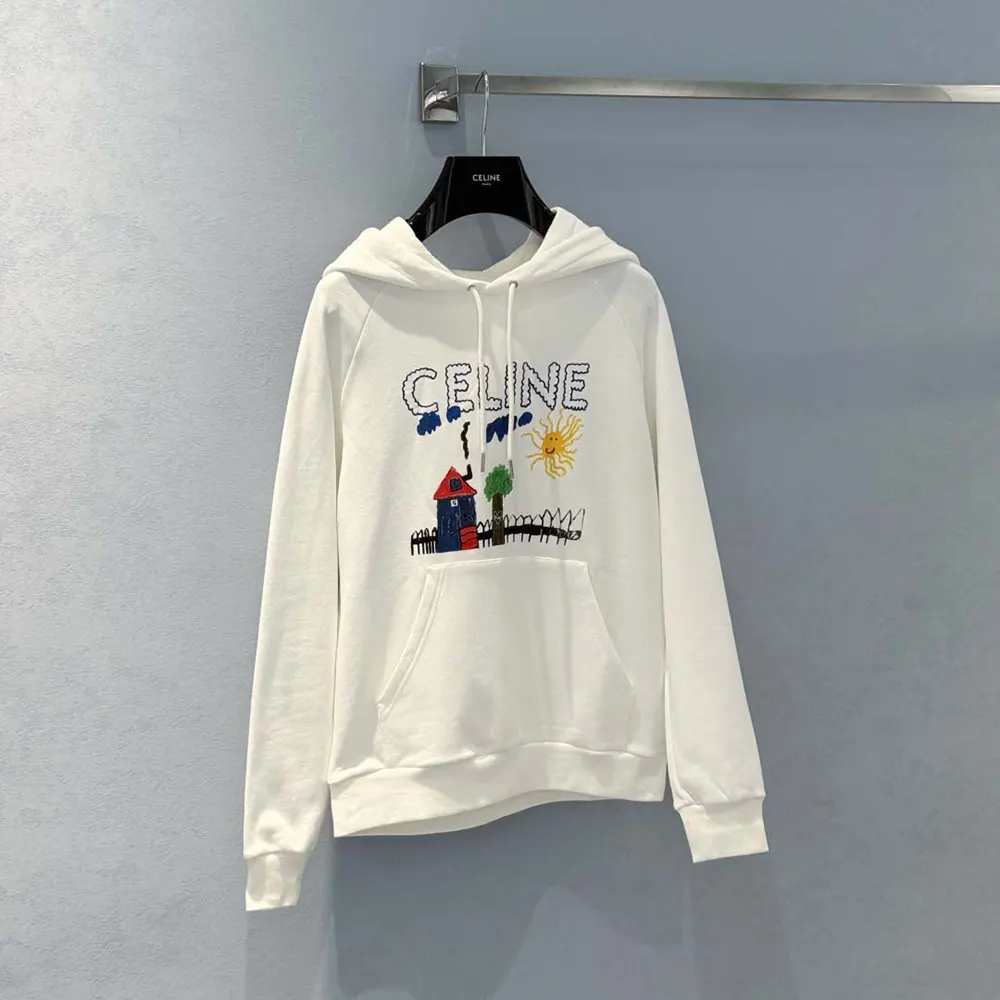 Side profile showing relaxed fit of Celine Women 70’S Hoodie In Cotton Fleece