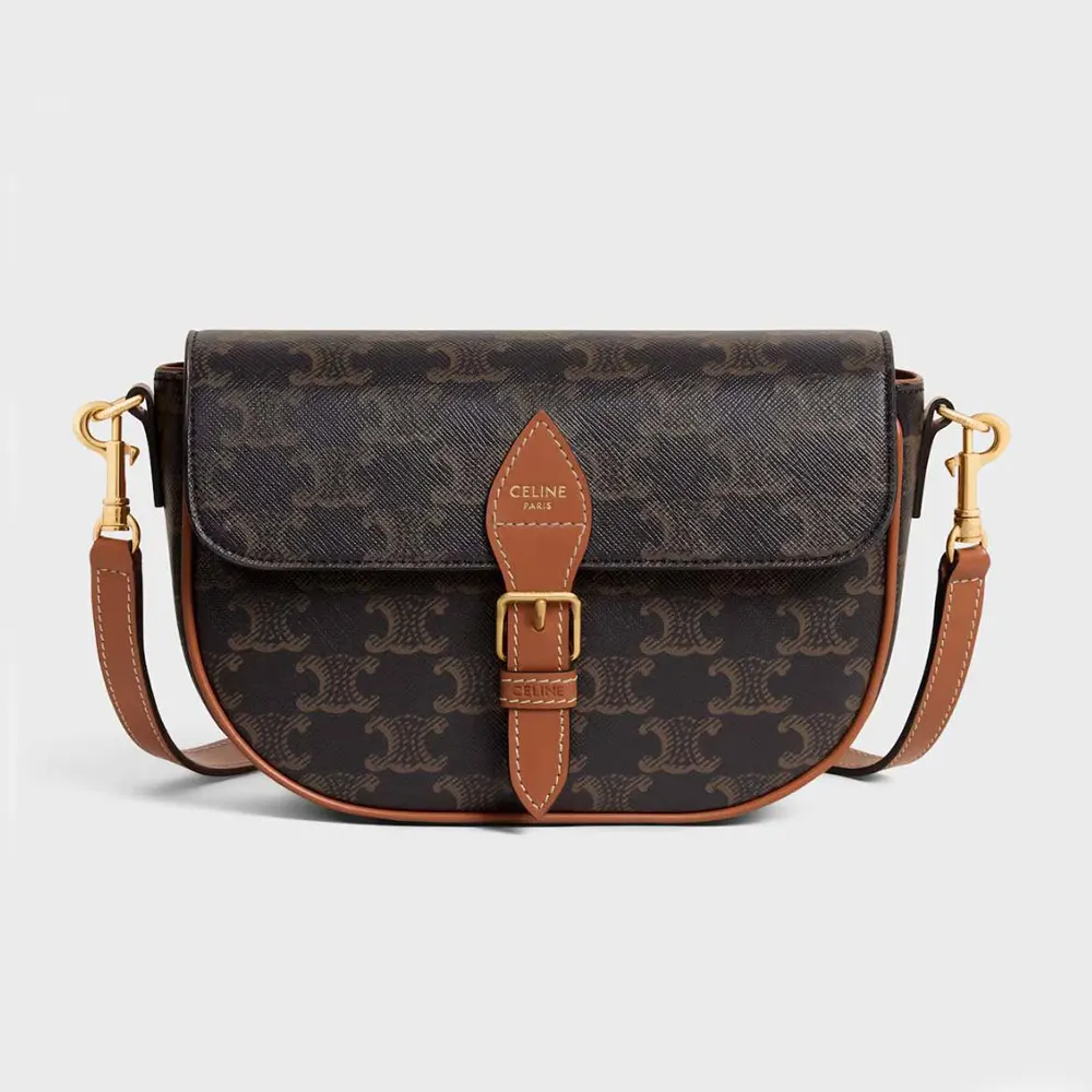 Front view of Celine Women Folco Shoulder Bag in brown canvas and calfskin