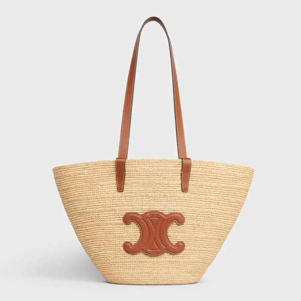 Front view of Celine Women Medium Supple Celine Classic Panier In Raffia And Calfskin