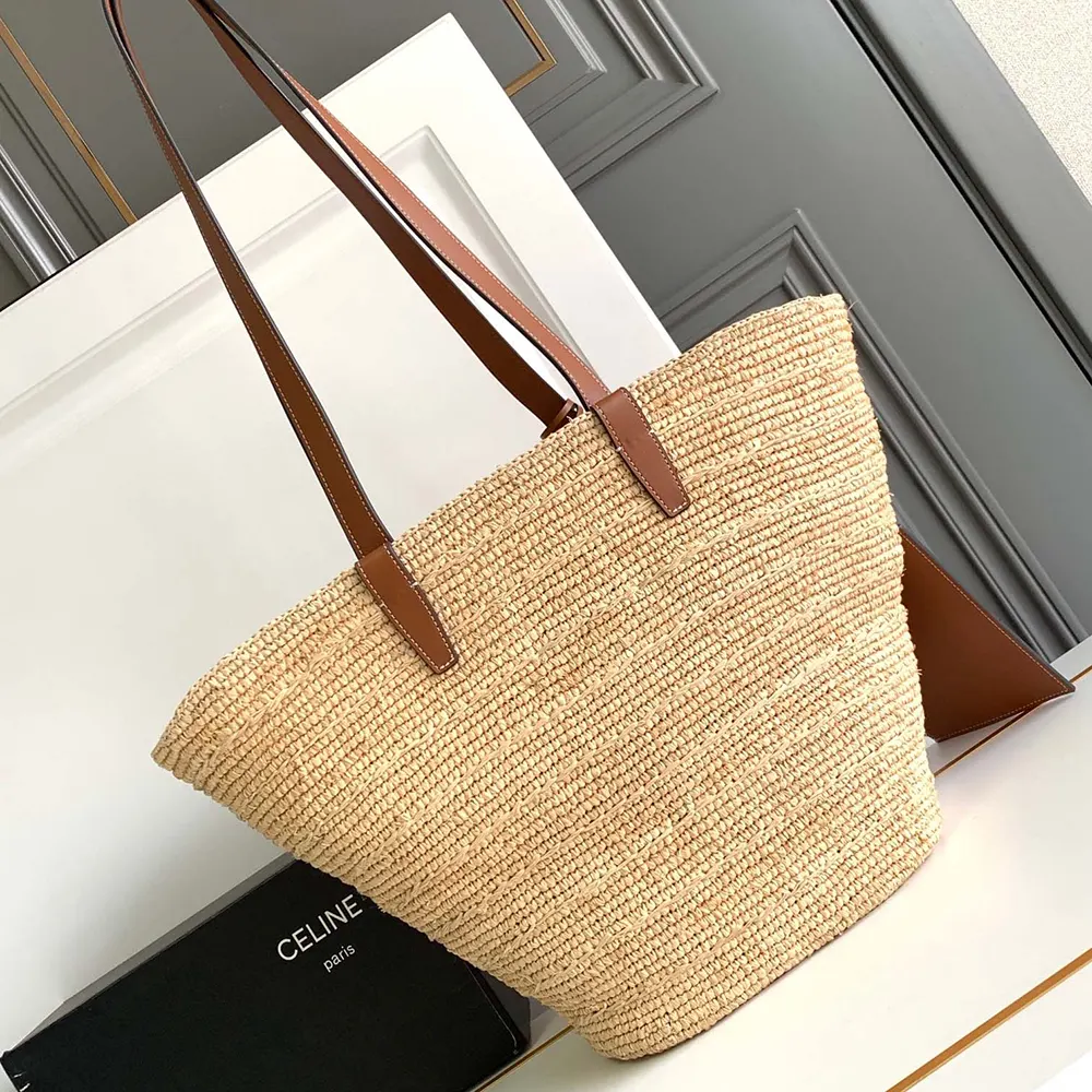 Side angle showing natural raffia weave on Celine Women Medium Supple Celine Classic Panier