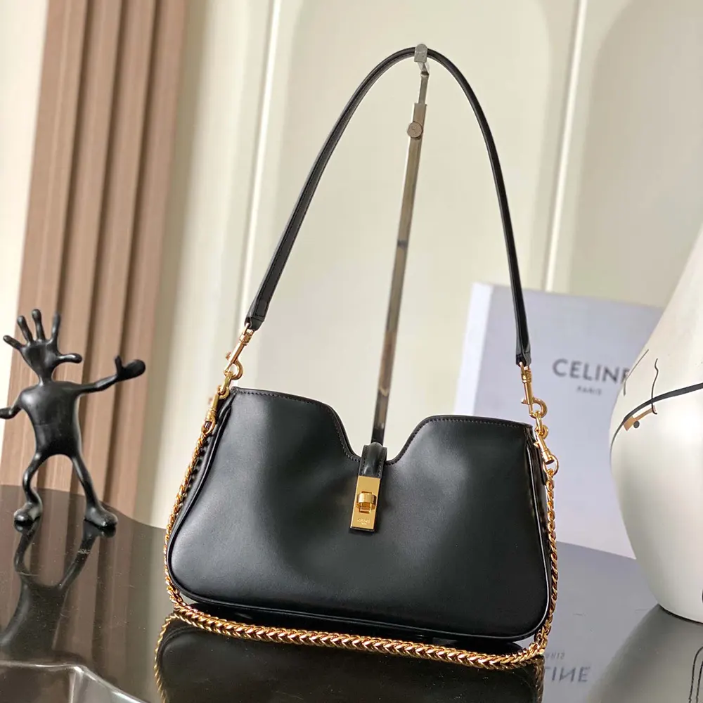 Close-up of smooth calfskin and gold hardware on Celine Camille 16 Soft