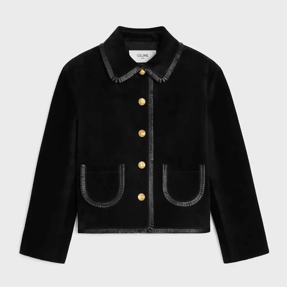 Front view of Celine Women Straight Blouson Jacket In Suede in black