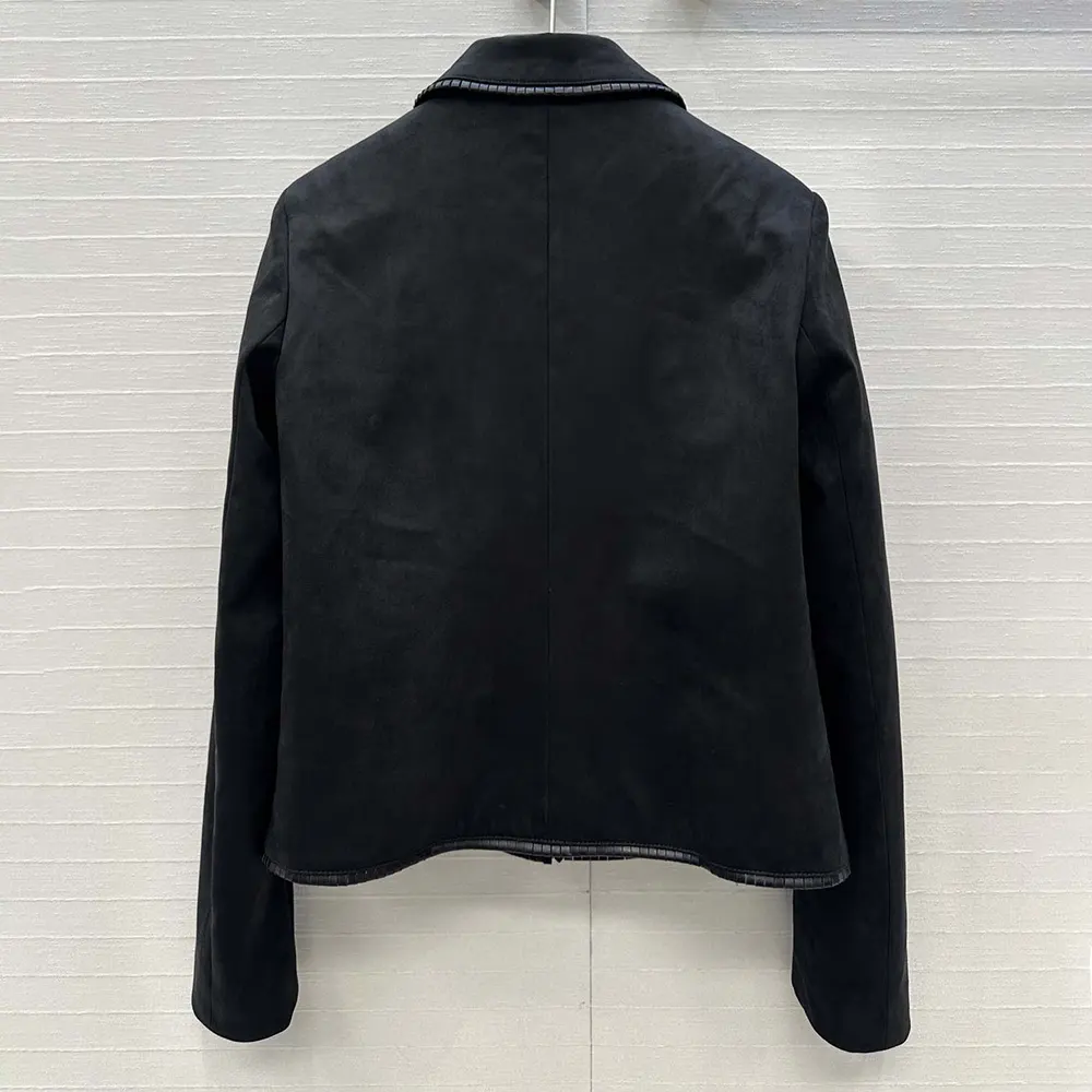 Side angle showing the silhouette of Celine Women Straight Blouson Jacket In Suede